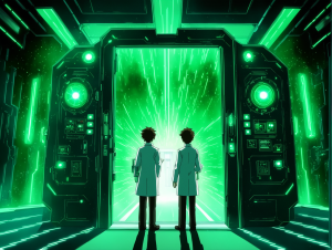AI impression of young scientists entering a lab.