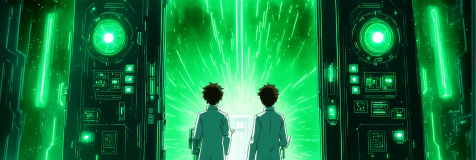 AI impression of young scientists entering a lab.