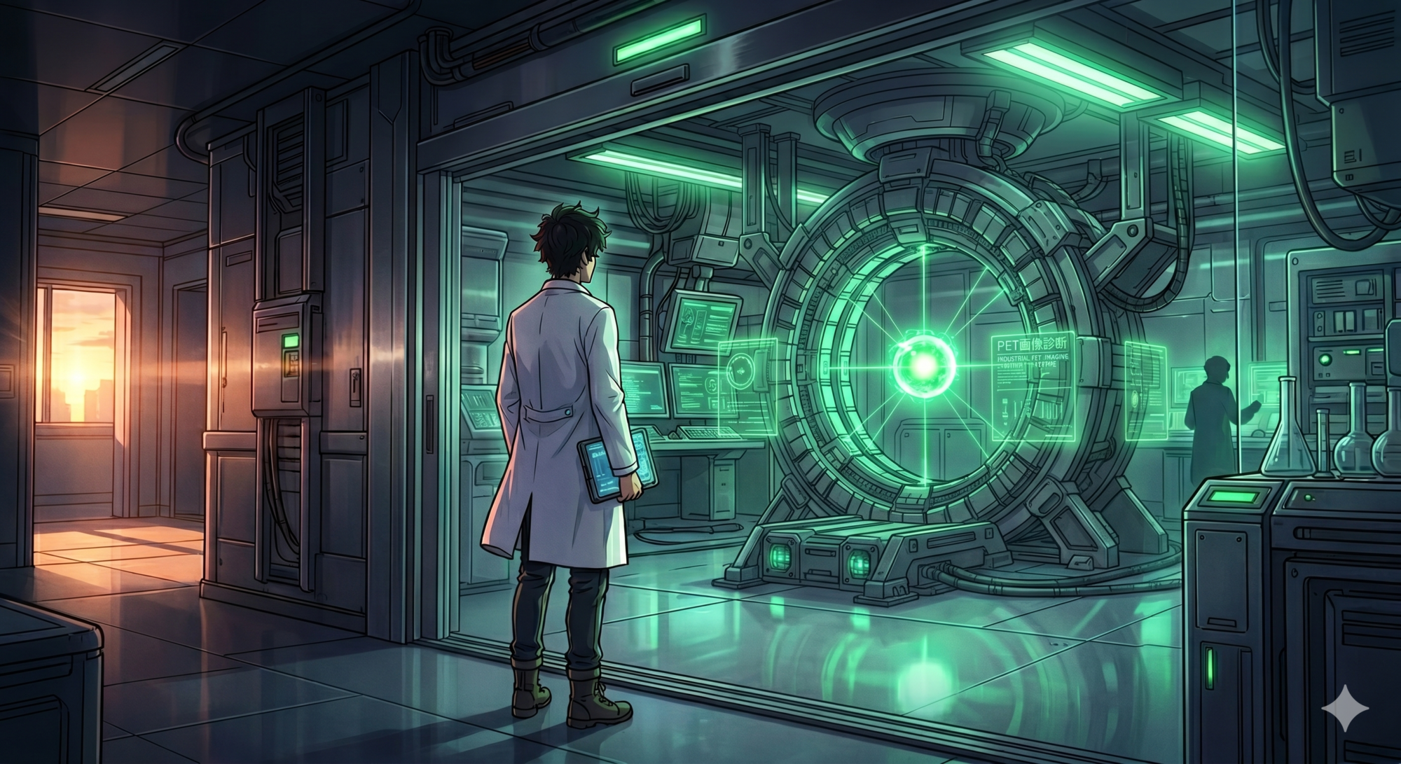 Anime style image of young scientist entering a futuristics PET laboratory.