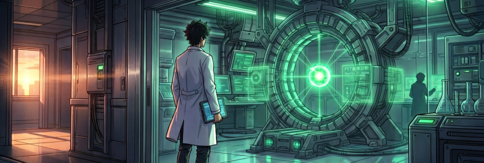 Anime style image of young scientist entering a futuristics PET laboratory.